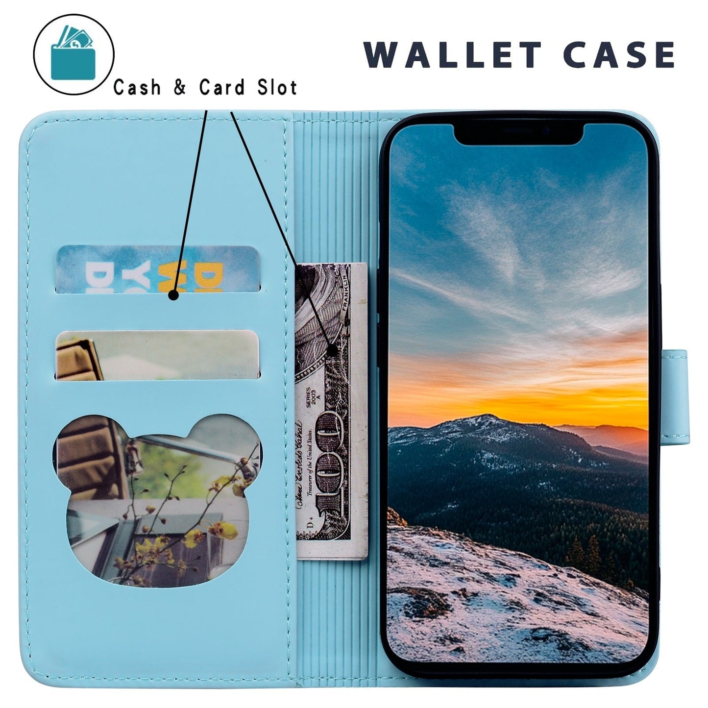 For iPhone 16e Cute Cat Embossed Leather Phone Case(Sky Blue)