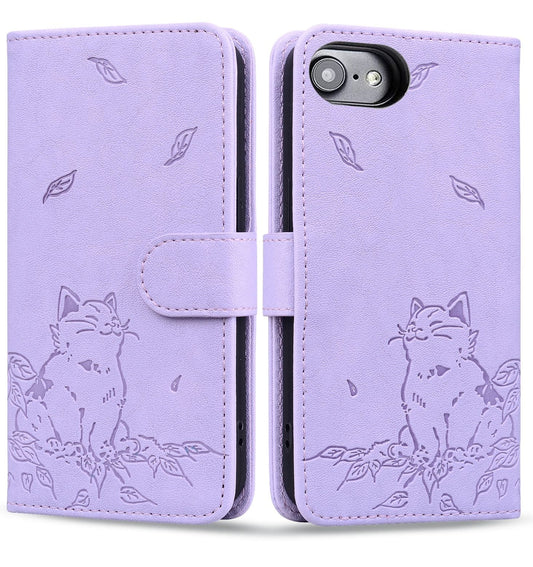For iPhone 16e Cute Cat Embossed Leather Phone Case(Purple)