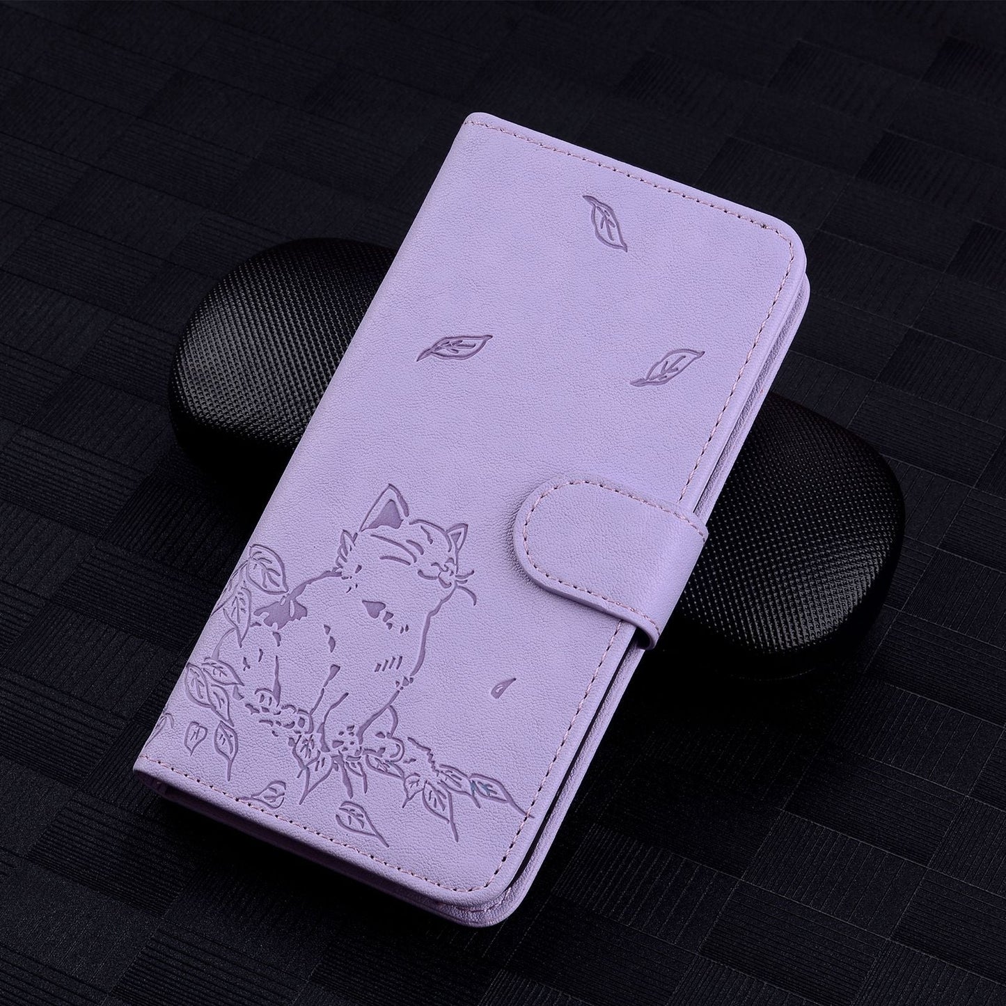 For iPhone 16e Cute Cat Embossed Leather Phone Case(Purple)
