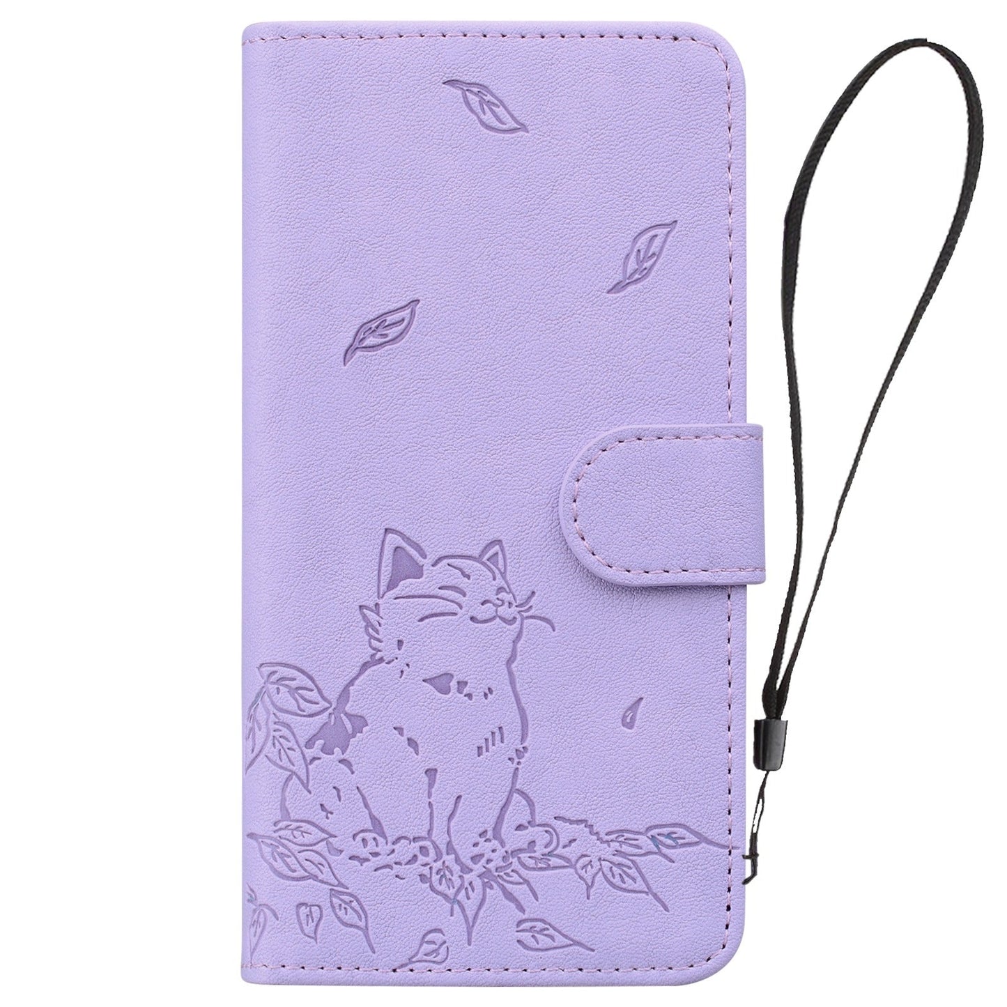 For iPhone 16e Cute Cat Embossed Leather Phone Case(Purple)