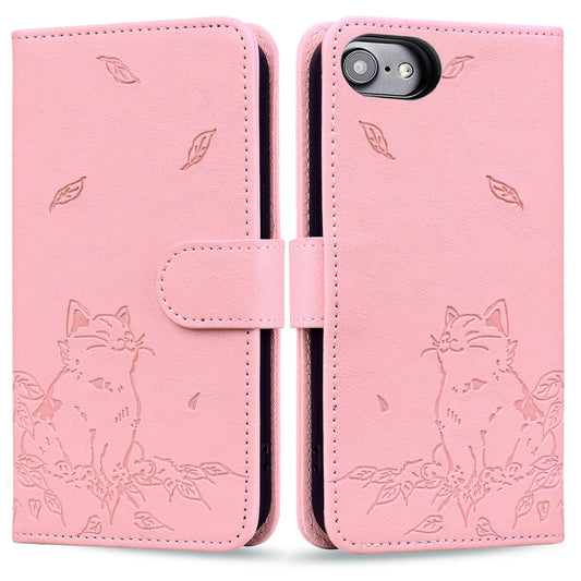 For iPhone 16e Cute Cat Embossed Leather Phone Case(Pink)