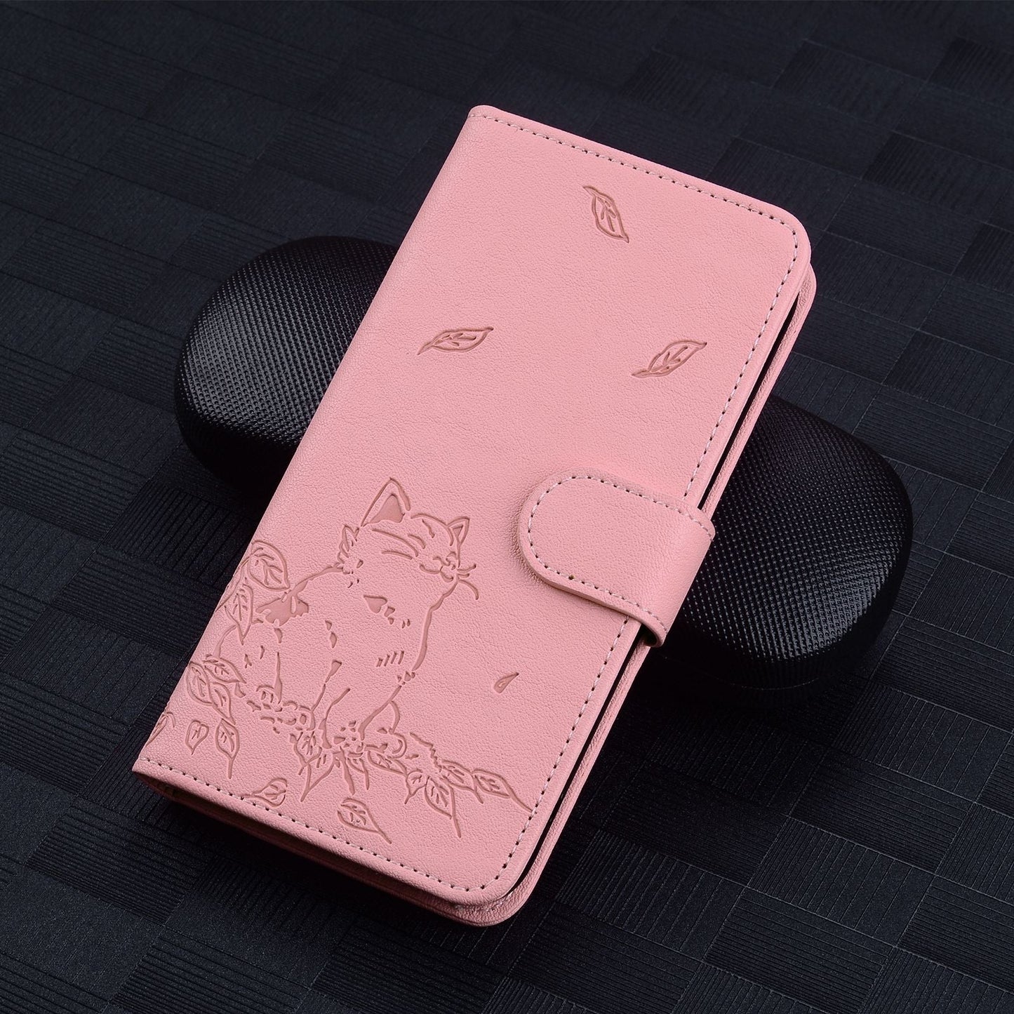 For iPhone 16e Cute Cat Embossed Leather Phone Case(Pink)