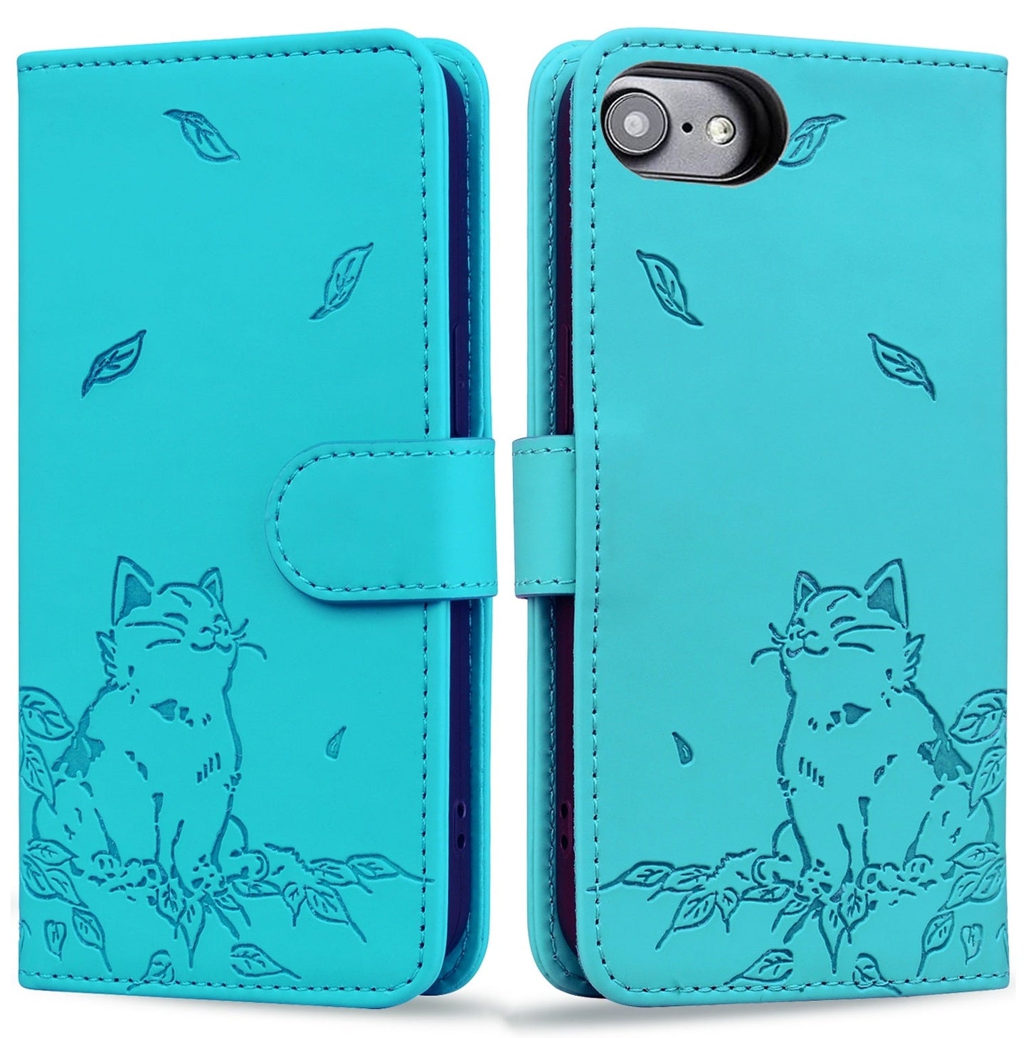 For iPhone 16e Cute Cat Embossed Leather Phone Case(Lake Blue)