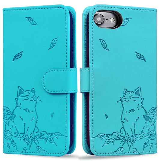 For iPhone 16e Cute Cat Embossed Leather Phone Case(Lake Blue)