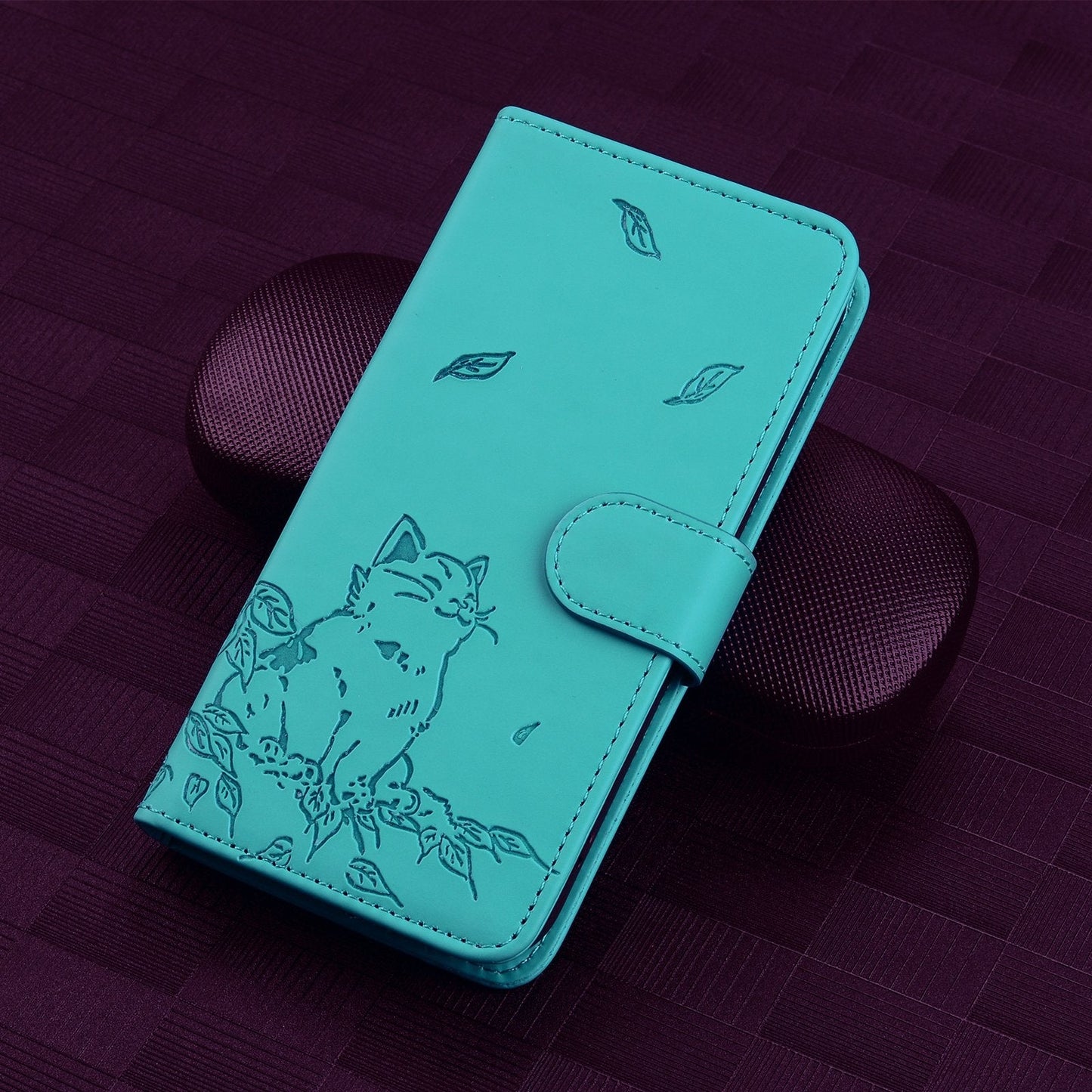 For iPhone 16e Cute Cat Embossed Leather Phone Case(Lake Blue)