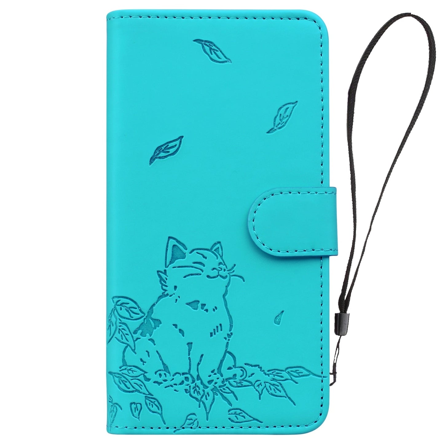 For iPhone 16e Cute Cat Embossed Leather Phone Case(Lake Blue)