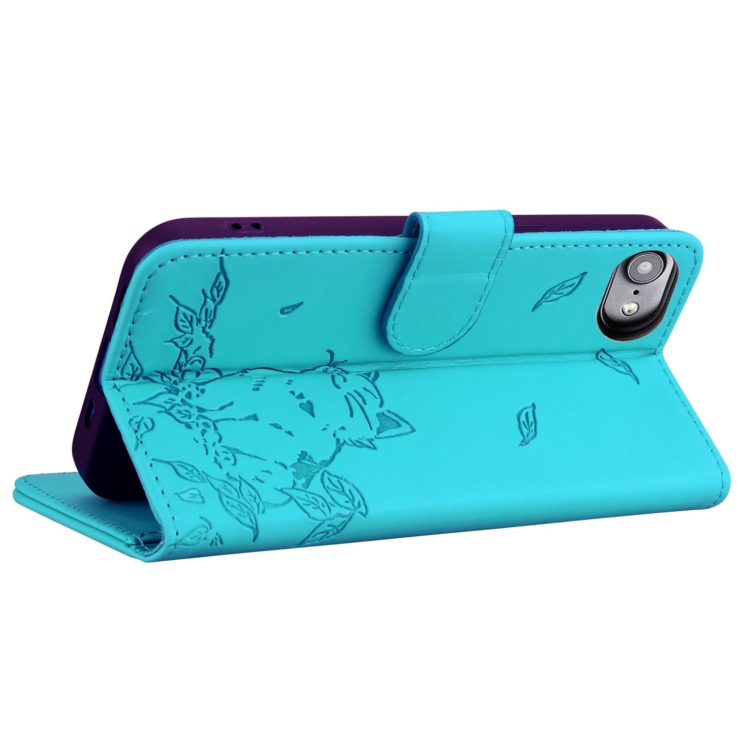 For iPhone 16e Cute Cat Embossed Leather Phone Case(Lake Blue)