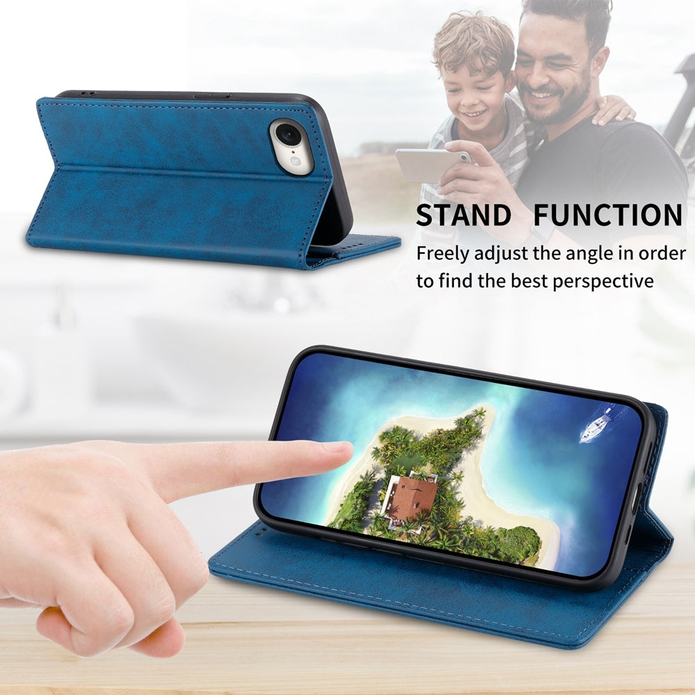 For iPhone 16e Business Solid Color Magnetic RFID Leather Phone Case(Blue)