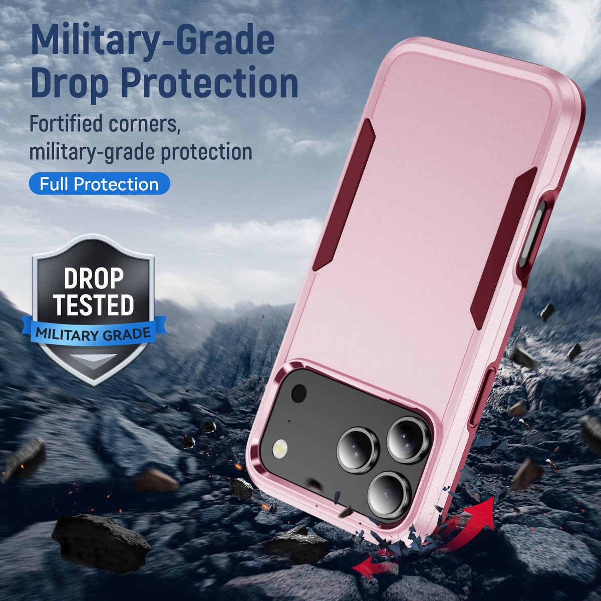 Compatible with iPhone 18 Pro Max Pioneer Armor Heavy Duty PC + TPU Phone Case - Pink+Rose Red