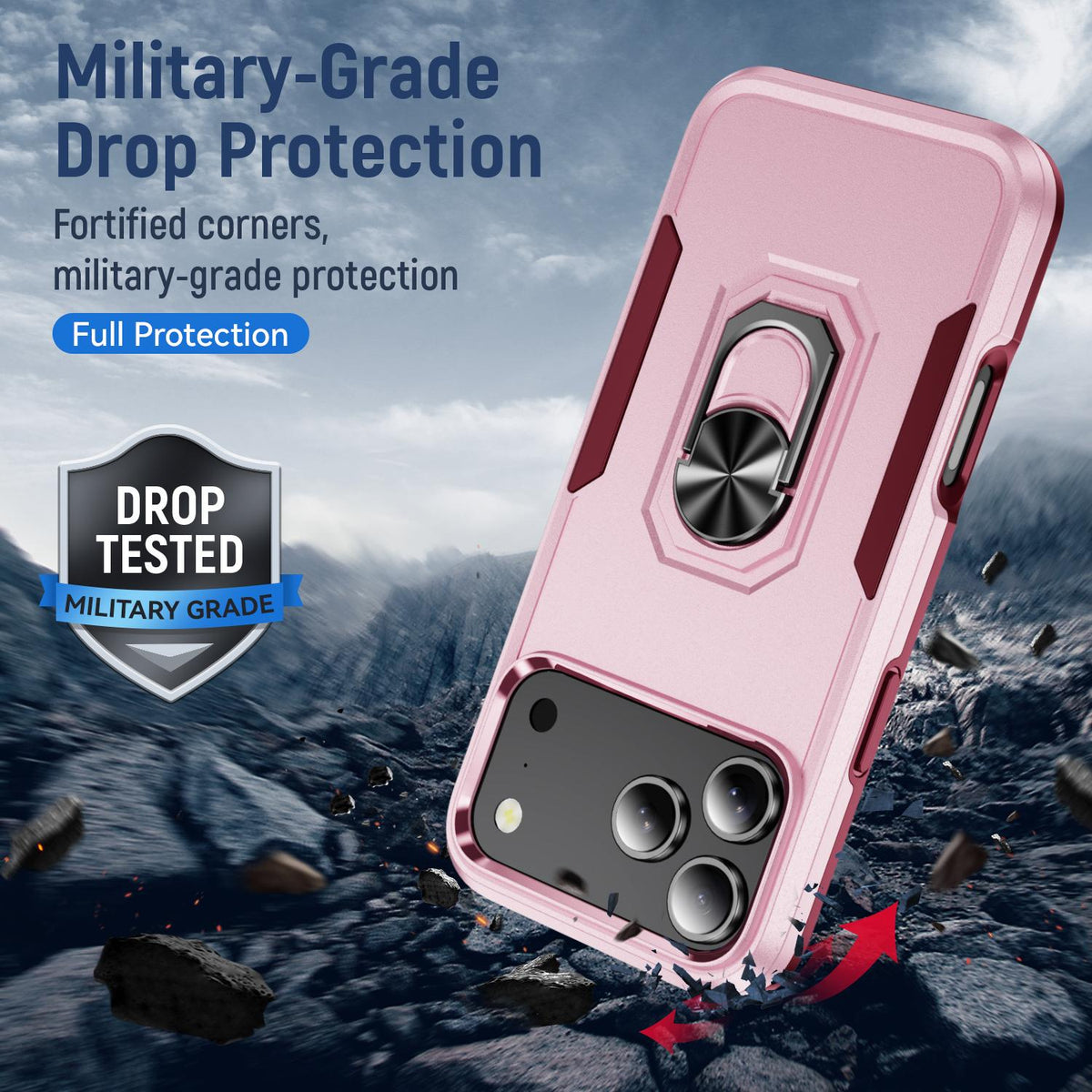 Compatible with iPhone 18 Pro Max Pioneer Armor Heavy Duty PC + TPU Phone Case with Holder - Pink+Rose Red
