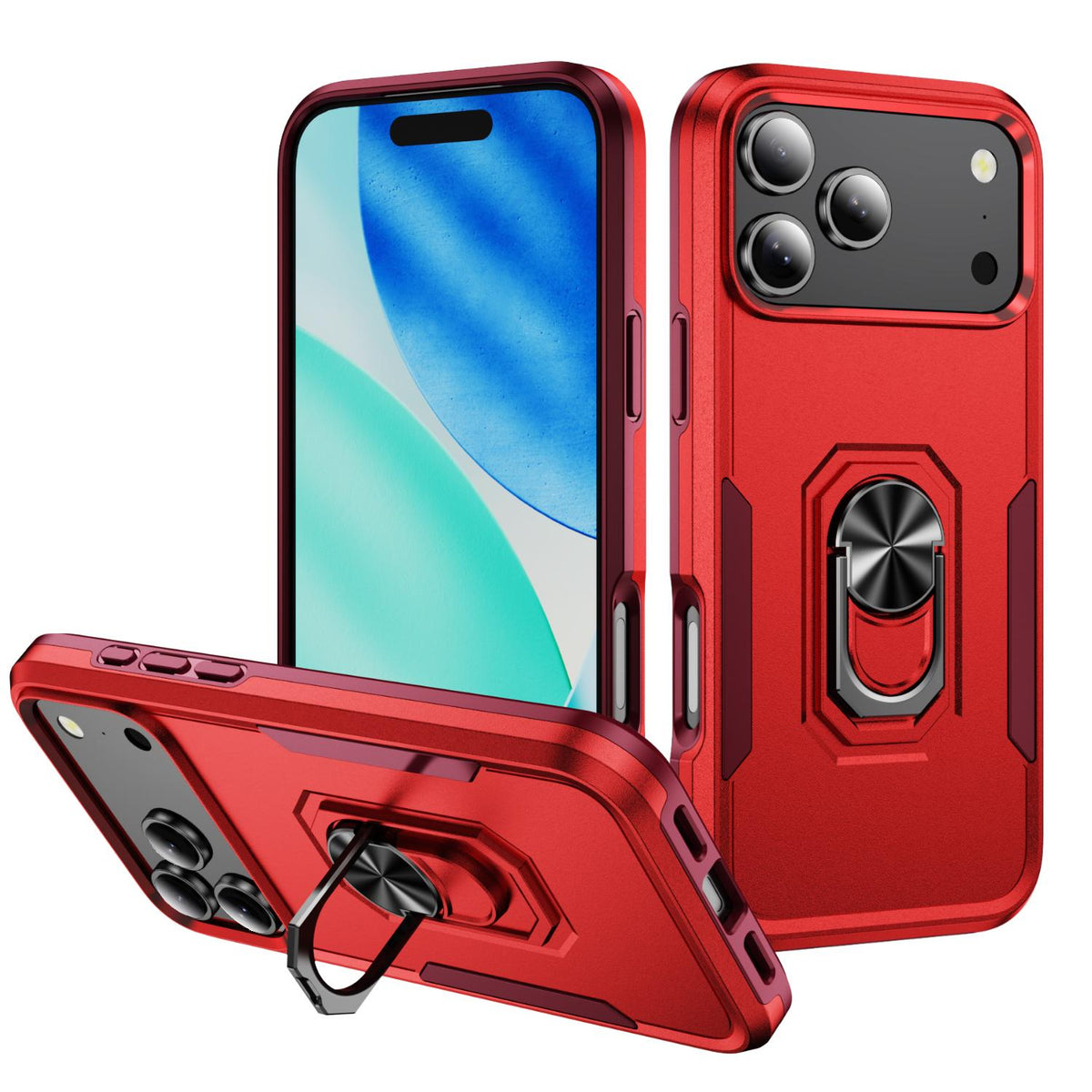Compatible with iPhone 18 Pro Max Pioneer Armor Heavy Duty PC + TPU Phone Case with Holder - Red+Rose Red