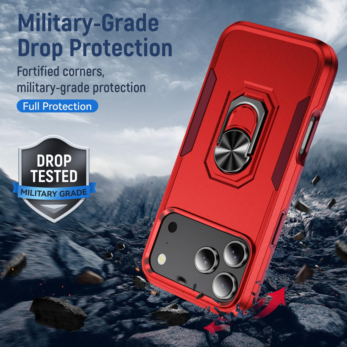 Compatible with iPhone 18 Pro Max Pioneer Armor Heavy Duty PC + TPU Phone Case with Holder - Red+Rose Red