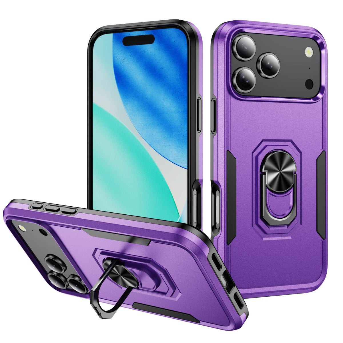 Compatible with iPhone 18 Pro Max Pioneer Armor Heavy Duty PC + TPU Phone Case with Holder - Purple+Black