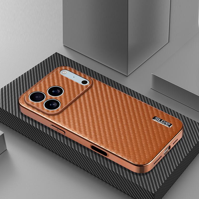 Compatible with iPhone 18 Pro Max AZNS Electroplated Edge Carbon Fiber Texture Phone Case - Brown