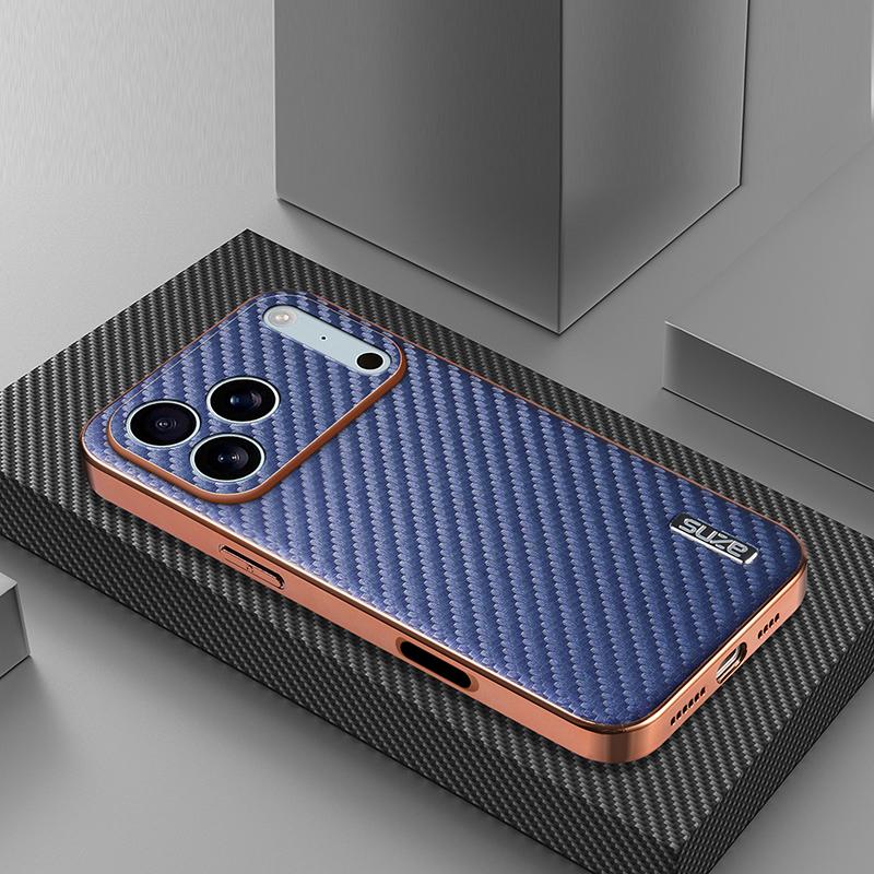 Compatible with iPhone 18 Pro Max AZNS Electroplated Edge Carbon Fiber Texture Phone Case - Blue