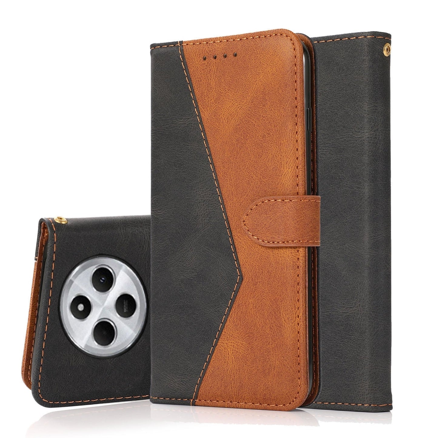 For Redmi 14C 4G Dual-color Stitching Leather Phone Case(Black Brown)