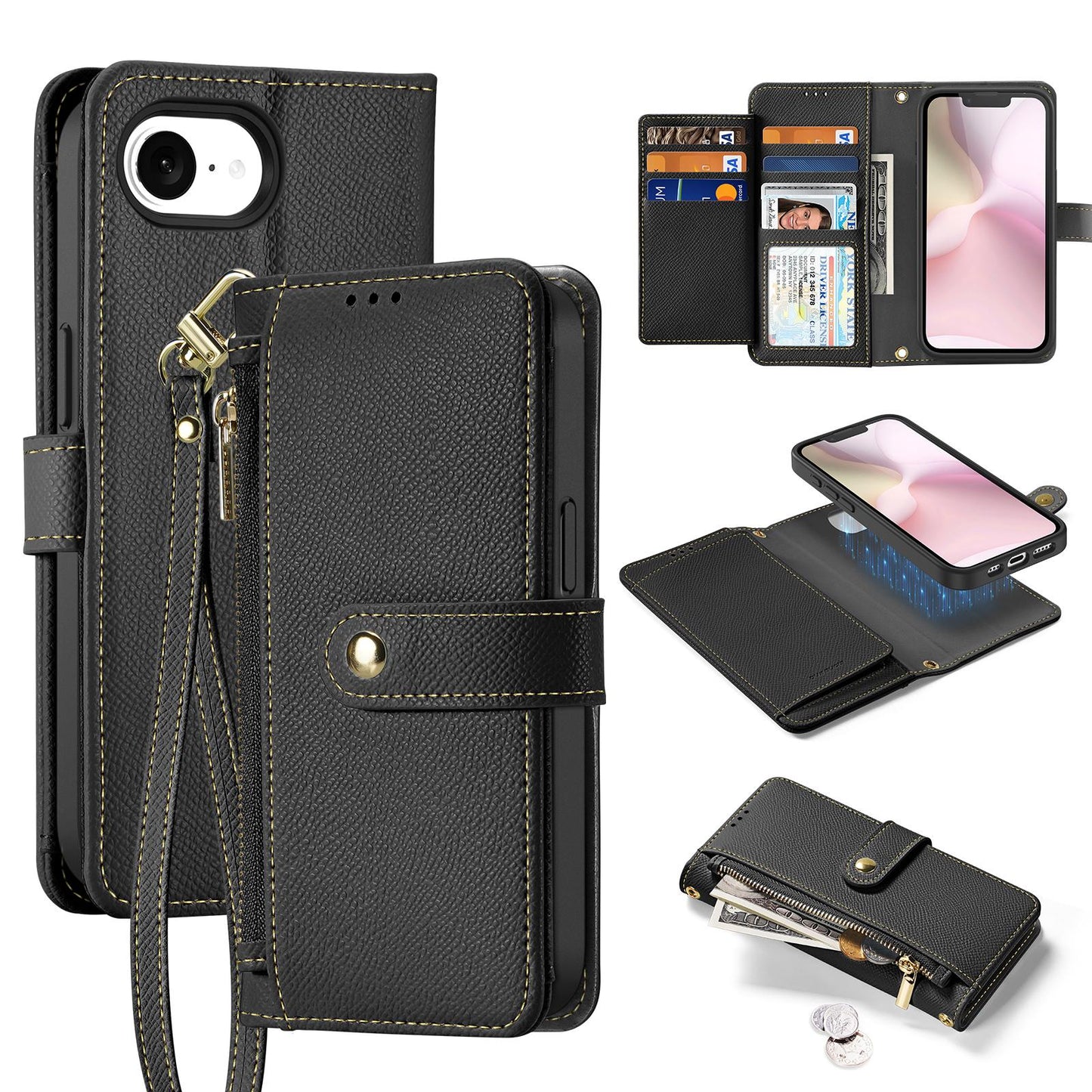 For iPhone 16e DUX DUCIS Lawa Series 2 in 1 Wallet Zipper Detachable MagSafe Phone Case with Lanyard(Black)