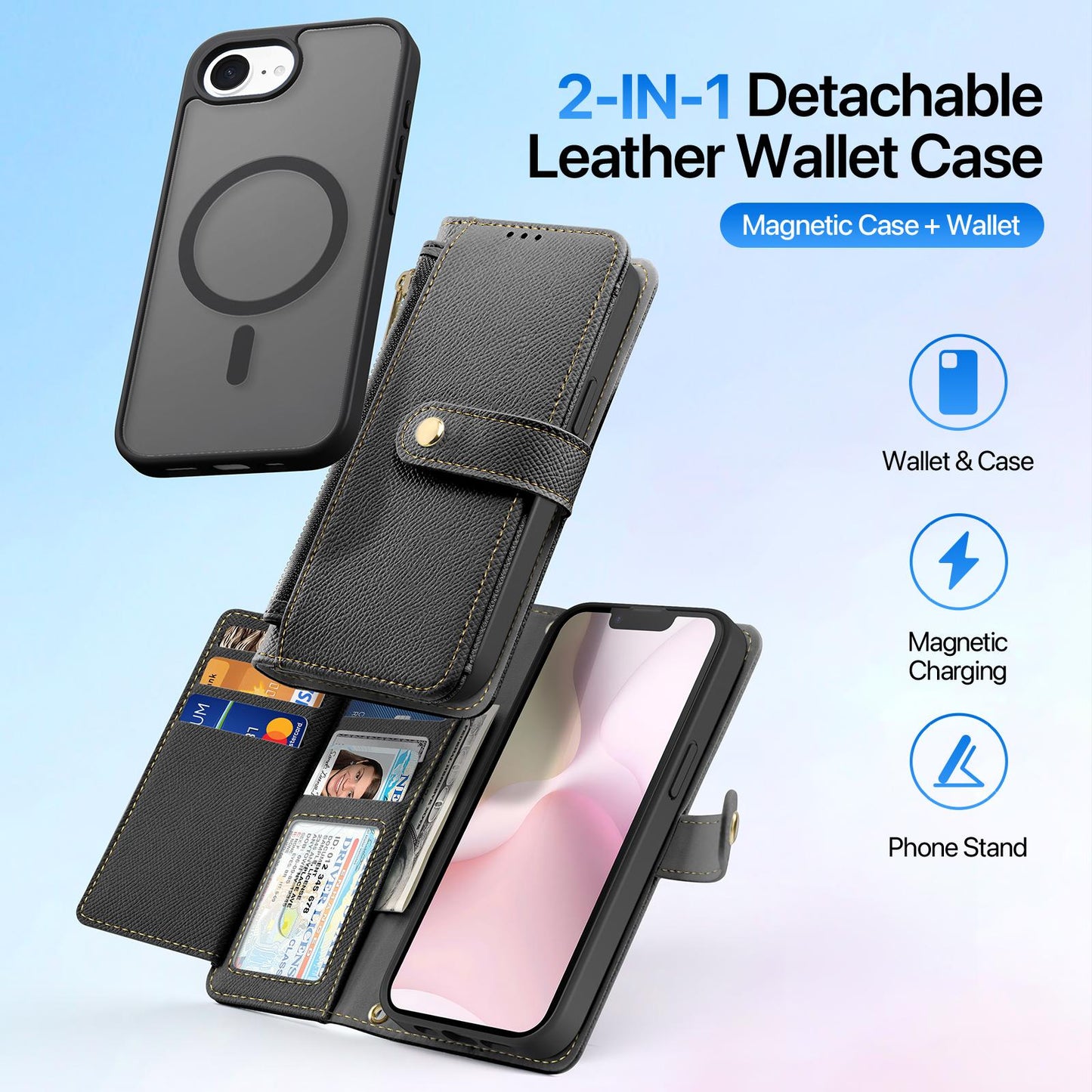For iPhone 16e DUX DUCIS Lawa Series 2 in 1 Wallet Zipper Detachable MagSafe Phone Case with Lanyard(Black)