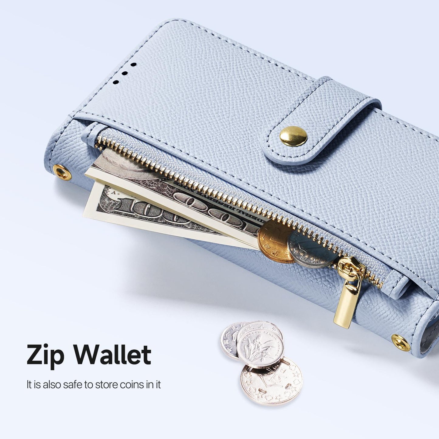 For iPhone 16e DUX DUCIS Lawa Series 2 in 1 Wallet Zipper Detachable MagSafe Phone Case with Lanyard(Light Blue)