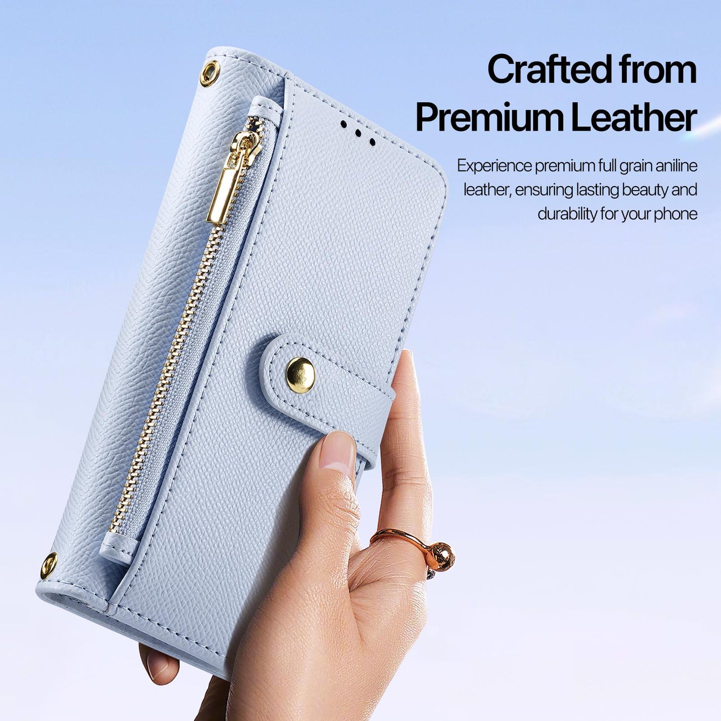For iPhone 16e DUX DUCIS Lawa Series 2 in 1 Wallet Zipper Detachable MagSafe Phone Case with Lanyard(Light Blue)