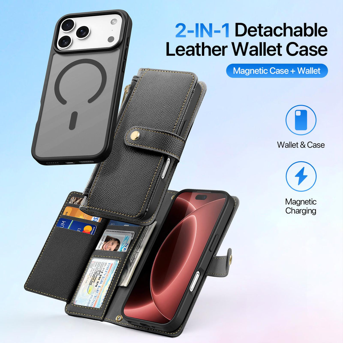 Compatible with iPhone 18 Pro Max DUX DUCIS Lawa Series 2 in 1 Wallet Zipper Detachable MagSafe Phone Case with Lanyard - Black