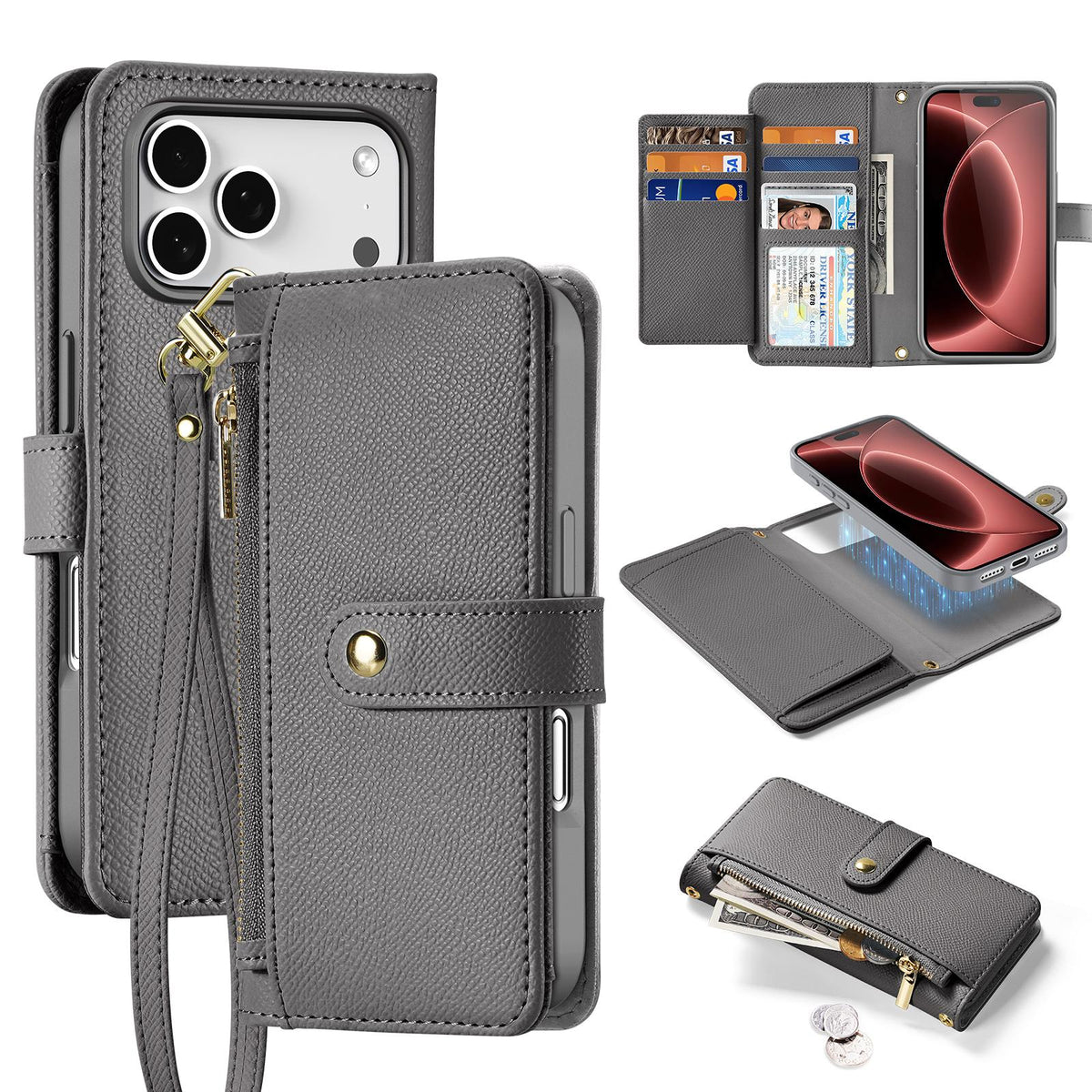Compatible with iPhone 18 Pro Max DUX DUCIS Lawa Series 2 in 1 Wallet Zipper Detachable MagSafe Phone Case with Lanyard - Grey