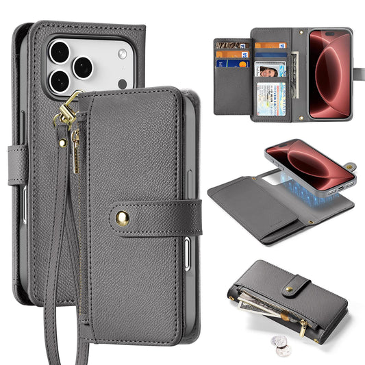 Compatible with iPhone 18 Pro Max DUX DUCIS Lawa Series 2 in 1 Wallet Zipper Detachable MagSafe Phone Case with Lanyard - Grey
