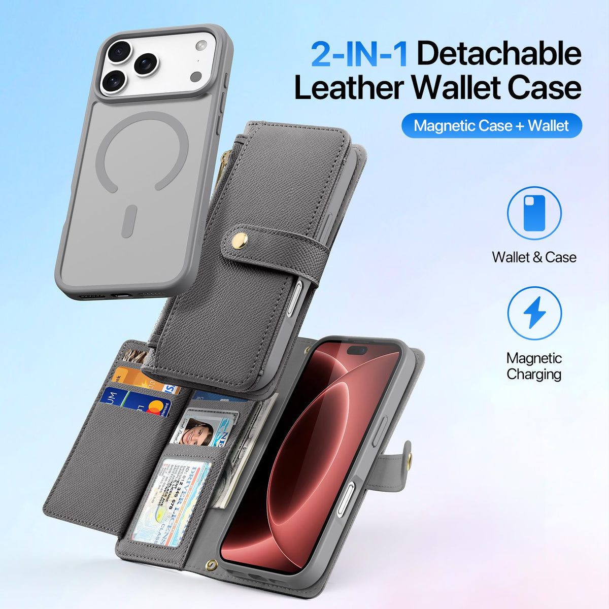 Compatible with iPhone 18 Pro Max DUX DUCIS Lawa Series 2 in 1 Wallet Zipper Detachable MagSafe Phone Case with Lanyard - Grey