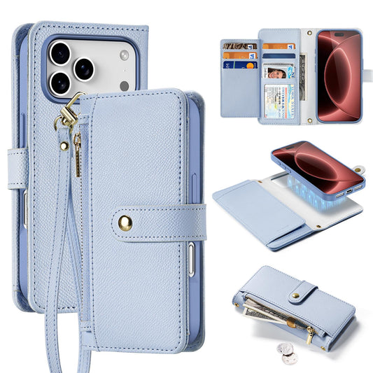 Compatible with iPhone 18 Pro Max DUX DUCIS Lawa Series 2 in 1 Wallet Zipper Detachable MagSafe Phone Case with Lanyard - Light Blue
