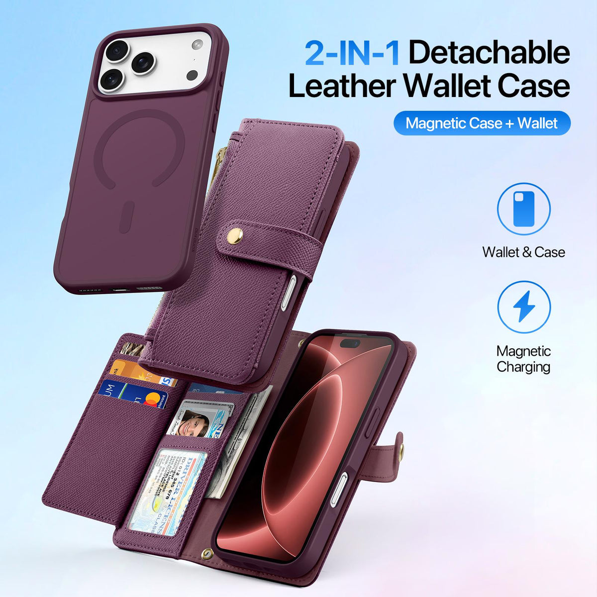 Compatible with iPhone 18 Pro Max DUX DUCIS Lawa Series 2 in 1 Wallet Zipper Detachable MagSafe Phone Case with Lanyard - Cherry Red