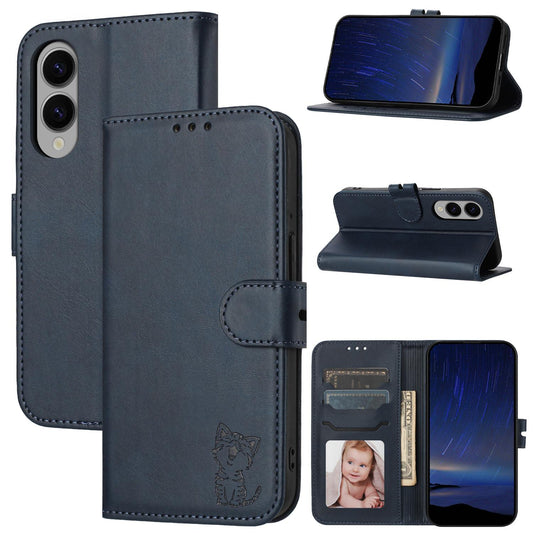 For Samsung Galaxy S25 Edge 5G Embossed Happy Cat Pattern Flip Leather Phone Case(Blue)
