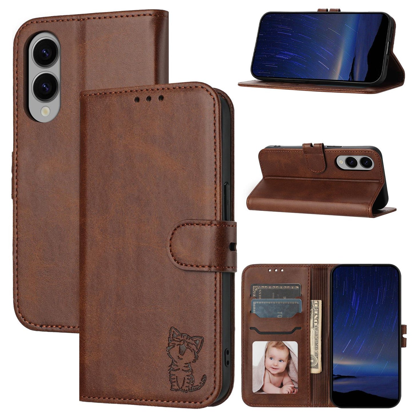 For Samsung Galaxy S25 Edge 5G Embossed Happy Cat Pattern Flip Leather Phone Case(Brown)
