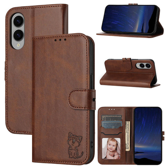 For Samsung Galaxy S25 Edge 5G Embossed Happy Cat Pattern Flip Leather Phone Case(Brown)