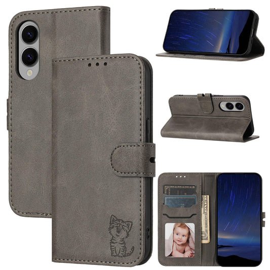 For Samsung Galaxy S25 Edge 5G Embossed Happy Cat Pattern Flip Leather Phone Case(Grey)
