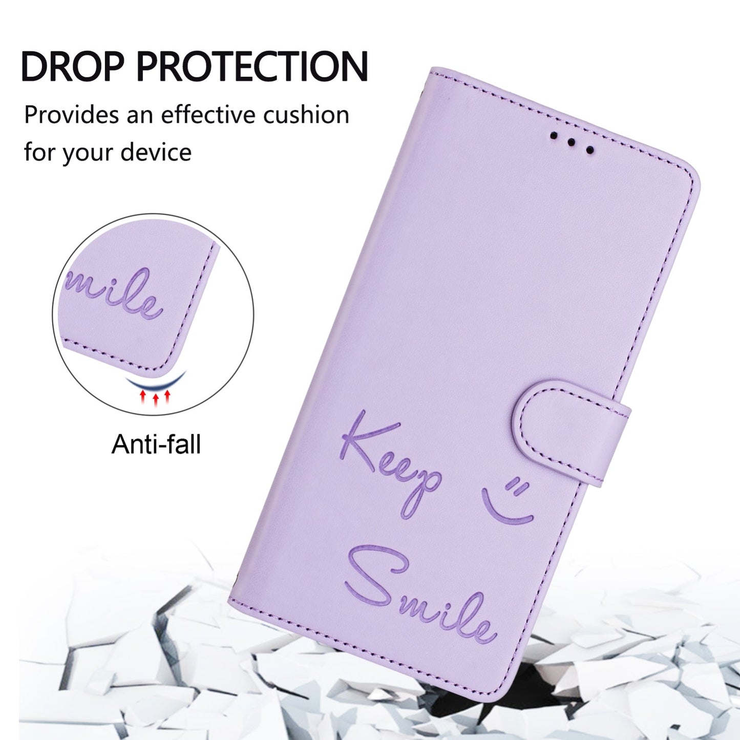 For iPhone 16e Smile Embossing RFID Leather Phone Case(Light Purple)
