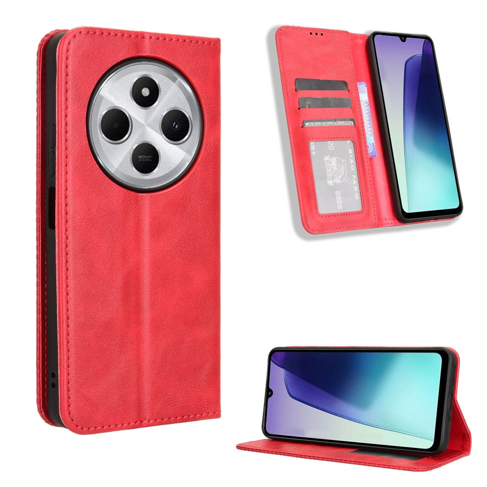 For Redmi 14C 4G Magnetic Buckle Retro Texture Leather Phone Case(Red)