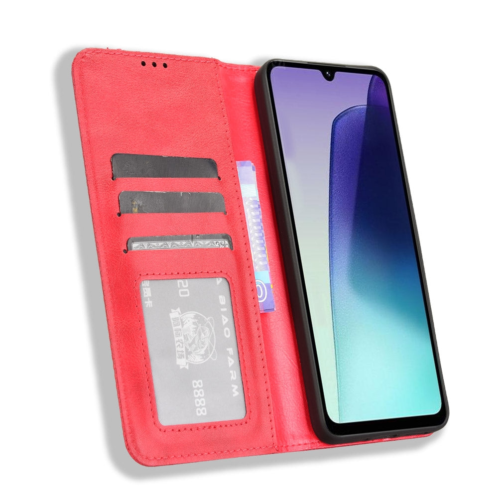 For Redmi 14C 4G Magnetic Buckle Retro Texture Leather Phone Case(Red)