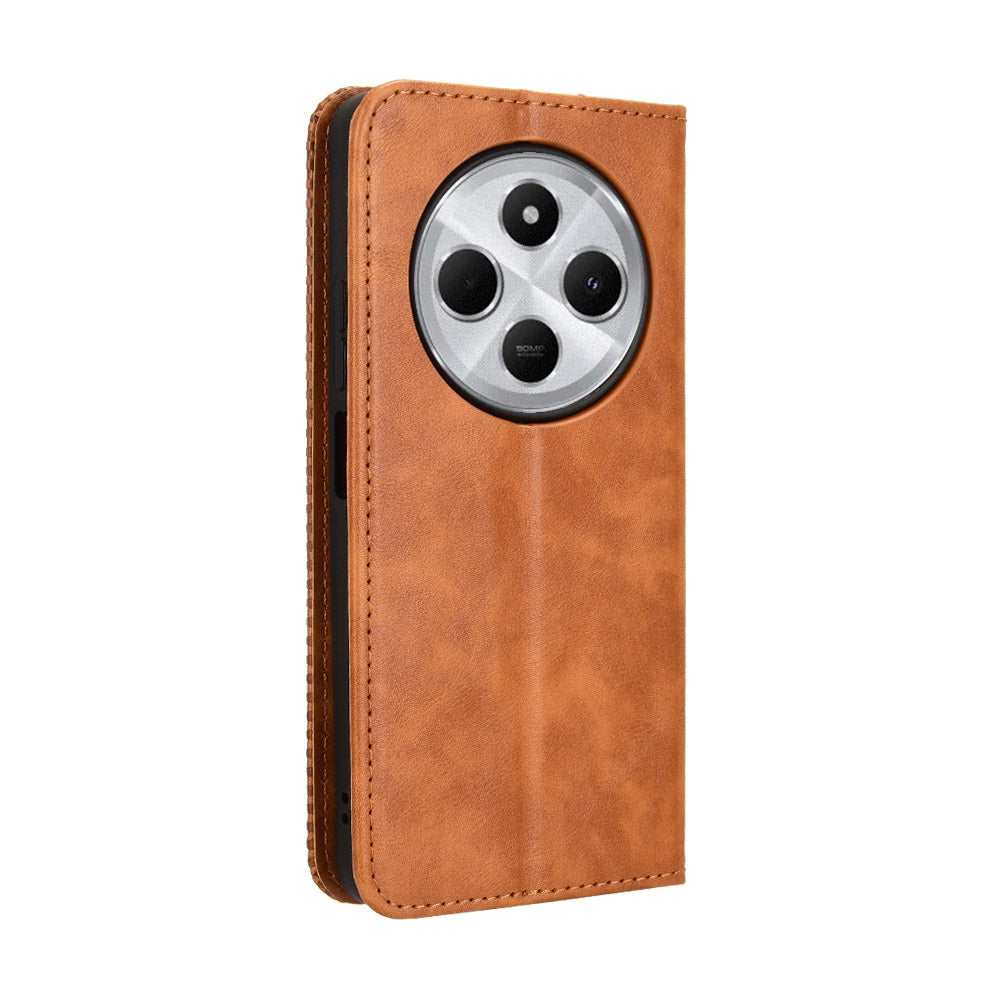 For Redmi 14C 4G Magnetic Buckle Retro Texture Leather Phone Case(Brown)