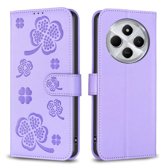 For Redmi 14C 4G Four-leaf Embossed Leather Phone Case(Purple)