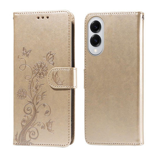 For Samsung Galaxy S25 Edge 5G Embossed Butterfly Flowers Leather Phone Case(Gold)