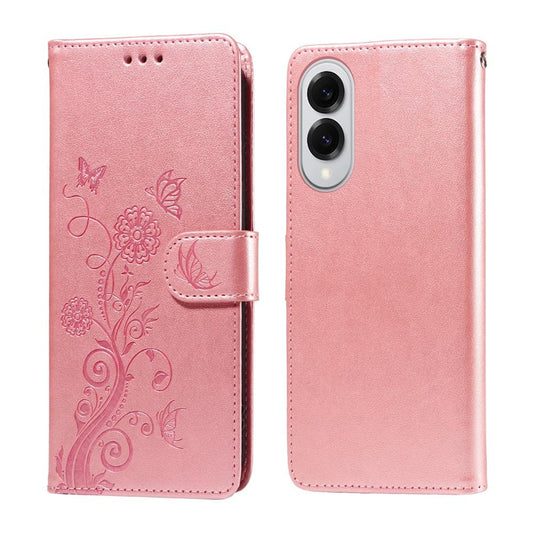 For Samsung Galaxy S25 Edge 5G Embossed Butterfly Flowers Leather Phone Case(Rose Gold)