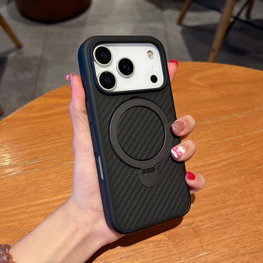 Compatible with iPhone 18 Pro Max & 17 Pro Max Carbon Fiber MagSafe 360 Degree Rotating Holder Phone Case - Black