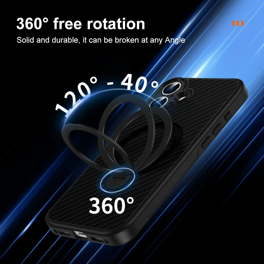 Compatible with iPhone 18 Pro Max & 17 Pro Max Carbon Fiber MagSafe 360 Degree Rotating Holder Phone Case - Black