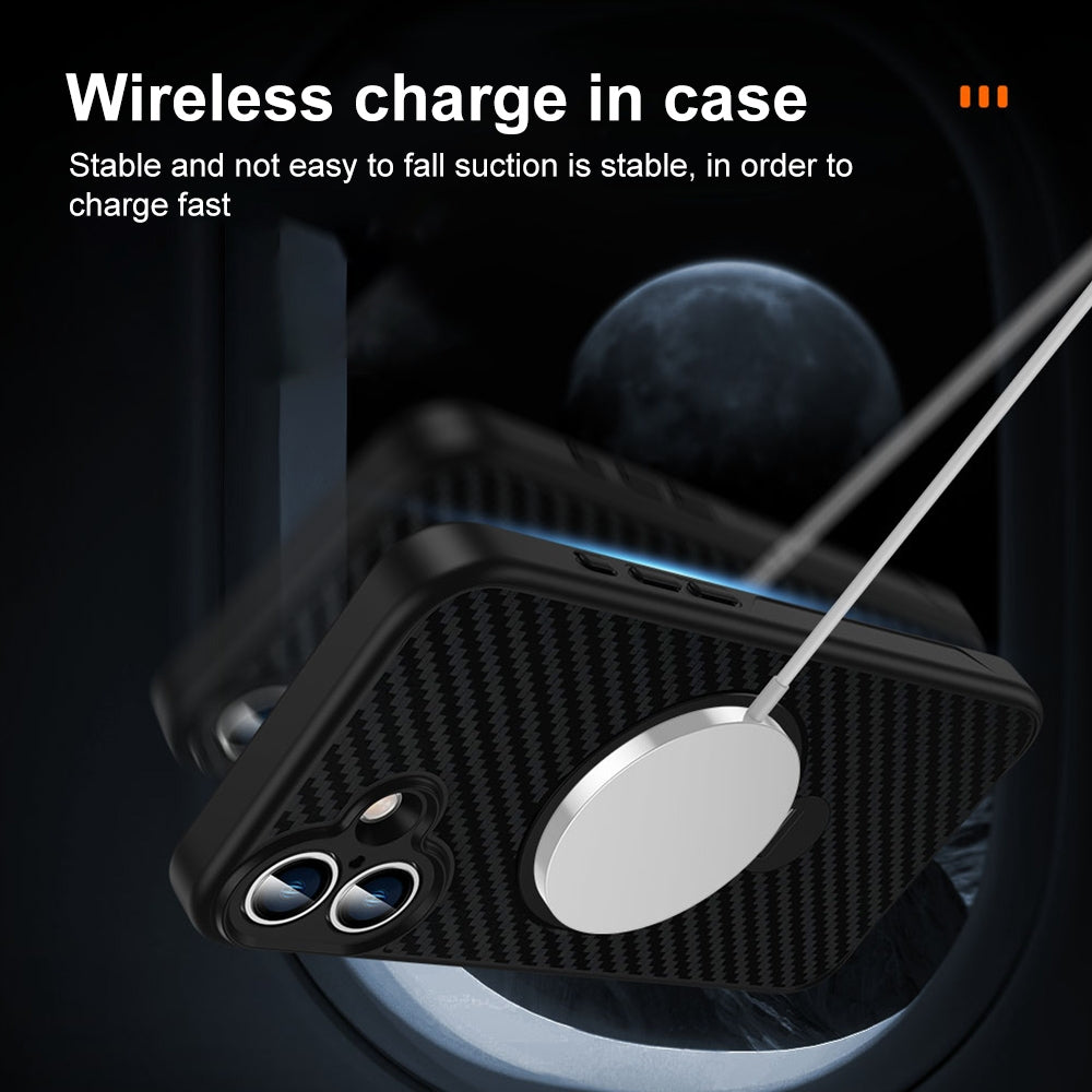 Compatible with iPhone 18 Pro Max & 17 Pro Max Carbon Fiber MagSafe 360 Degree Rotating Holder Phone Case - Black