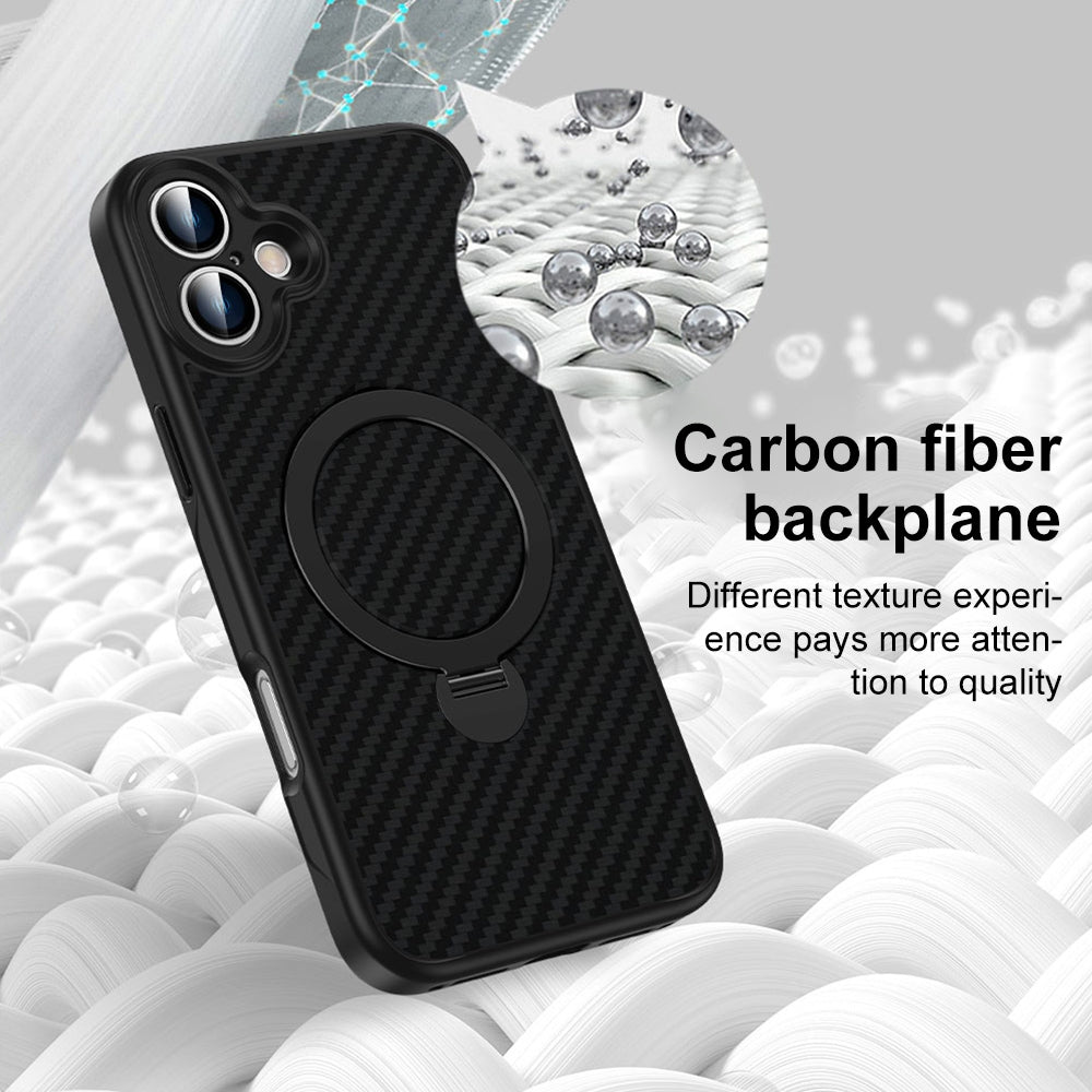 Compatible with iPhone 18 Pro Max & 17 Pro Max Carbon Fiber MagSafe 360 Degree Rotating Holder Phone Case - Black