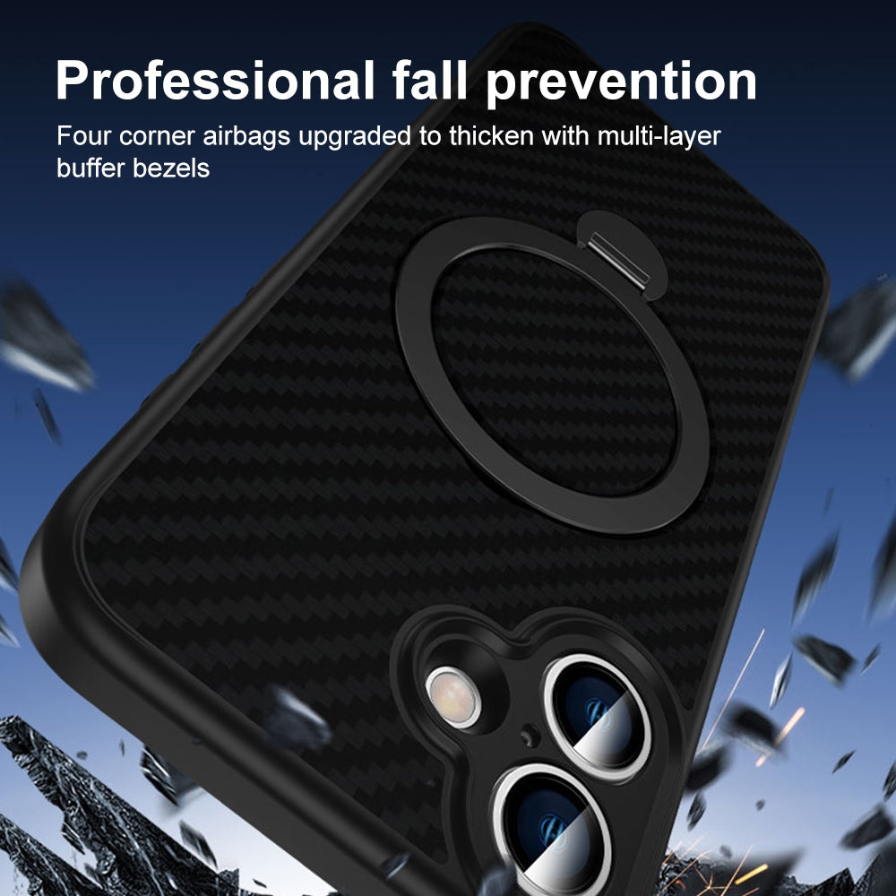 Compatible with iPhone 18 Pro Max & 17 Pro Max Carbon Fiber MagSafe 360 Degree Rotating Holder Phone Case - Black