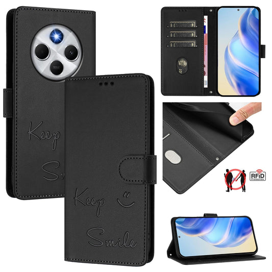 For Redmi 14C 4G Smile Embossing RFID Leather Phone Case(Black)