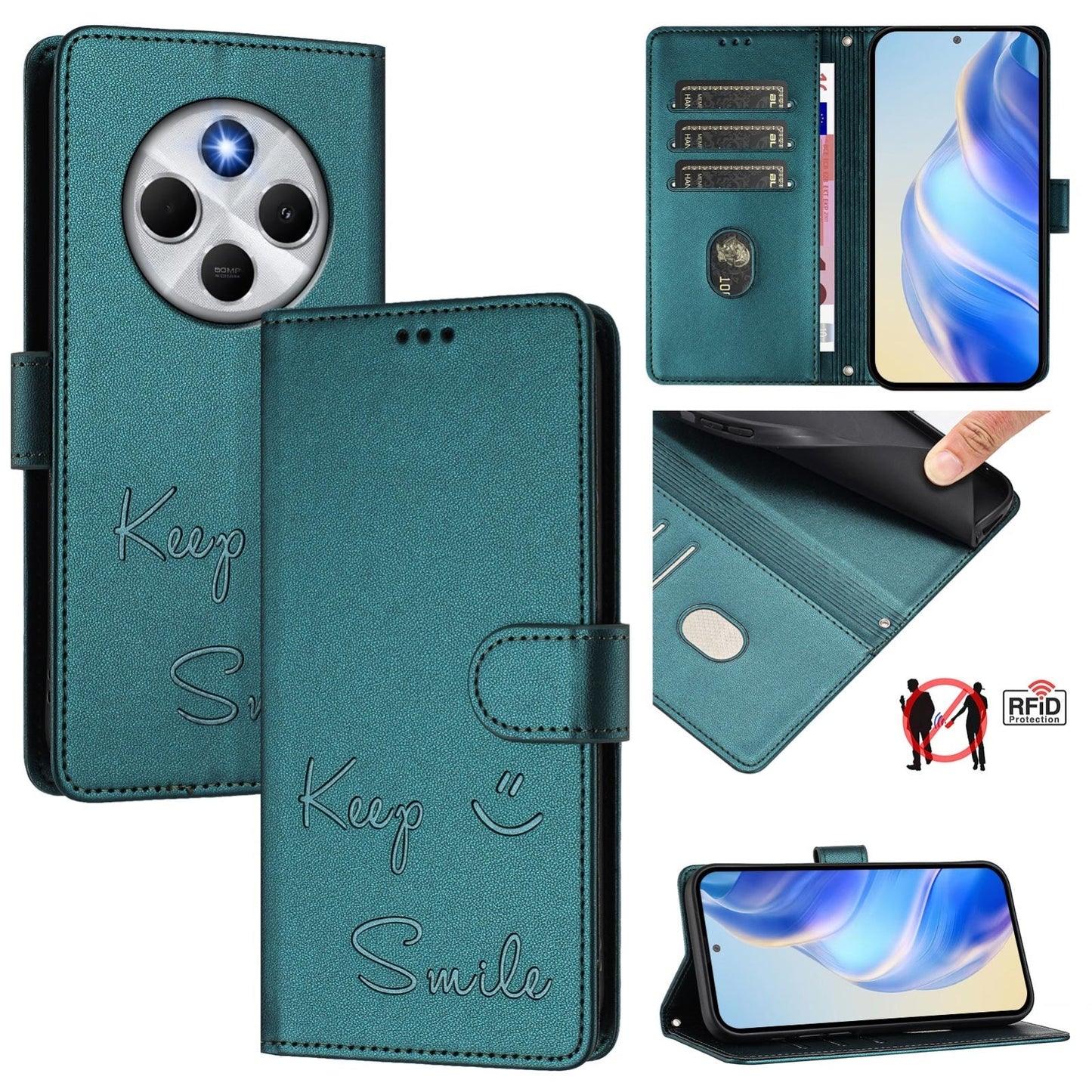For Redmi 14C 4G Smile Embossing RFID Leather Phone Case(Peacock Green)