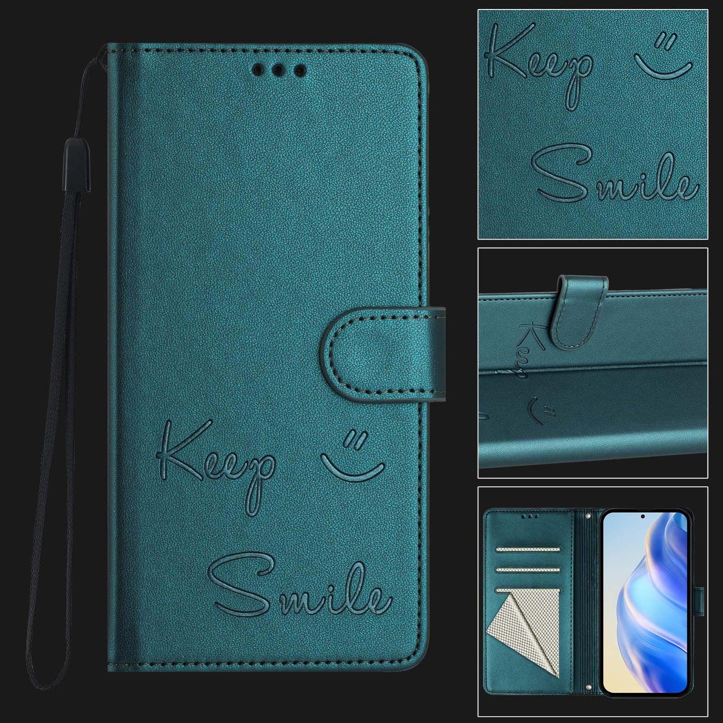 For Redmi 14C 4G Smile Embossing RFID Leather Phone Case(Peacock Green)