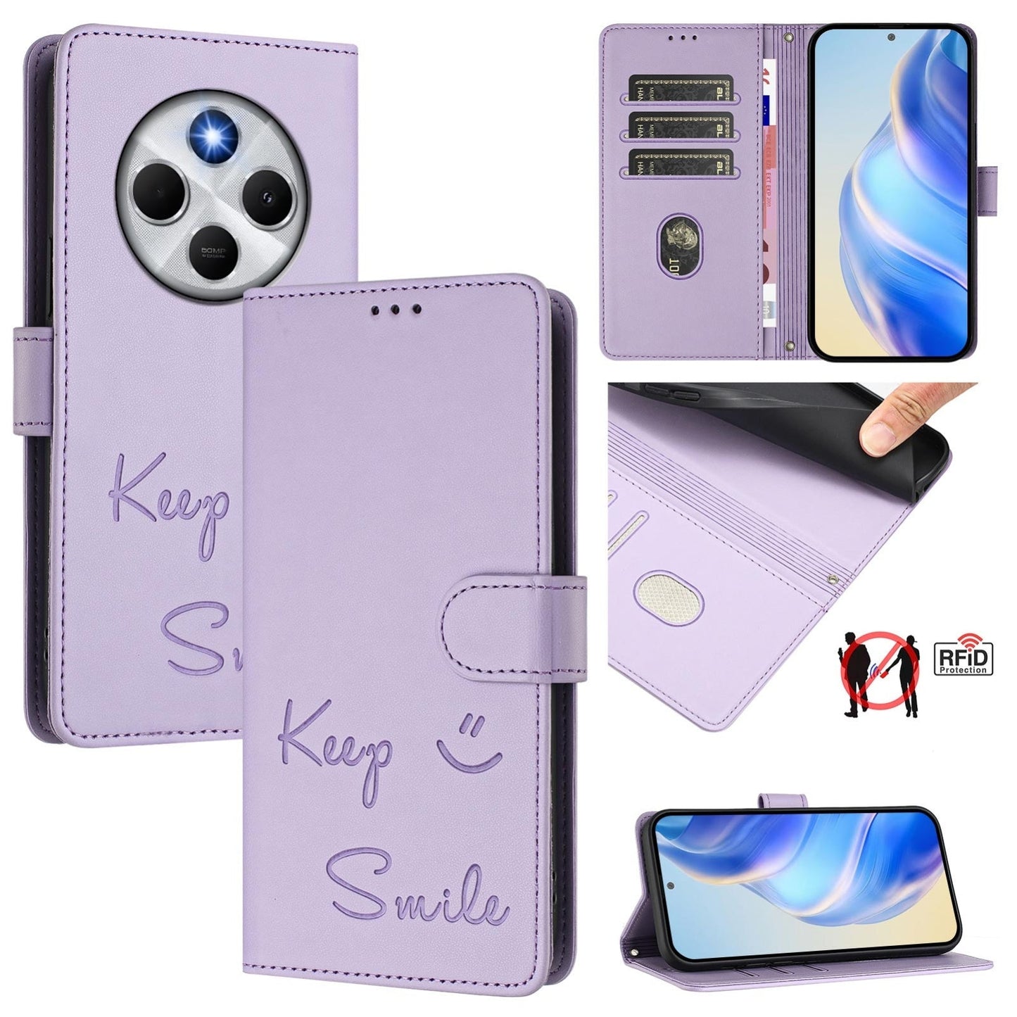 For Redmi 14C 4G Smile Embossing RFID Leather Phone Case(Light Purple)